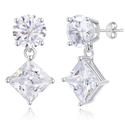 Cubic Zirconia Stud Earrings for Women,18K White Gold Plated,Women's 925 Sterling Silver Simulated CZ Earrings with Pear/Round/Princess/Oval Cut. - style: Princess-Round