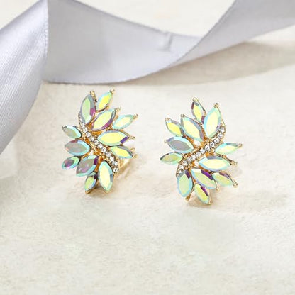 EVER FAITH Sparkly Rhinestone Clip-on Earrings for Women Bride, Fashion Marquise Crystal Cluster Wedding Bridal Stud Earring for Prom Formal Party - color: Iridescent AB Gold-Tone