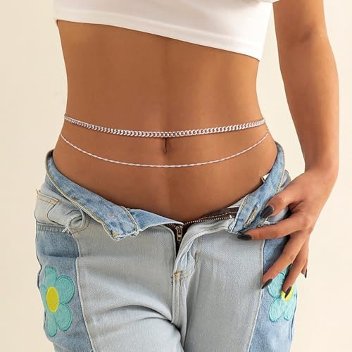 CHESKY 14K Gold Plated Waist Chain for Women, Layered Waist Beads | Silver Plated Gold Body Chains, Beach Summer, Waterproof Snake Belly Belt Chain, Festival Jewelry Accessories for Women - style: cuban wave-sl
