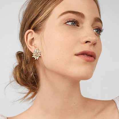 EVER FAITH Sparkly Rhinestone Clip-on Earrings for Women Bride, Fashion Marquise Crystal Cluster Wedding Bridal Stud Earring for Prom Formal Party - color: Champagne Gold-Tone
