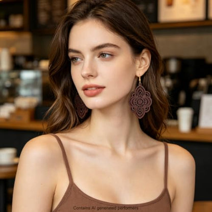 Boho Black Filigree Dangle Earrings for Women, Lightweight Hollow Lace Drop, Wood, 3.34" x 1.69", Bohemian Jewelry - color: Dark Winered