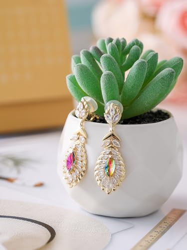 Clip On Crystal Dangle Non Pierced Earrings for Women 14K Gold Plated Jewelry - color: Oct-Opal-Rose Gold