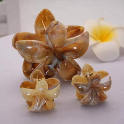 Flower Hair Clips for Women Girls Claw Clips Set Ginger-Yellow Plumeria with Marble Design Barrettes Summer Hair Clip Fashion Hair Styling Accessories for Thick Thin Hair(3Pcs:1Large 2Small) - color: Ginger-Yellow