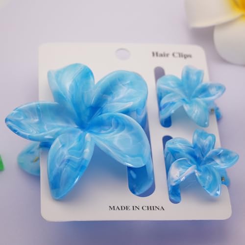 Flower Hair Clips for Women Girls Claw Clips Set Sky Blue Plumeria with Marble Design Barrettes Summer Hair Clip Fashion Hair Styling Accessories for Thick Thin Hair(3Pcs: 1 Large 2 Small) - color: Sky Blue