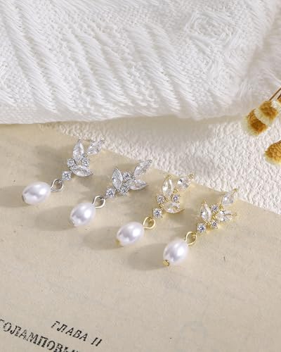 Pearl Earrings for Women, 14k Gold Plated Trendy Diamond Pearl Drop Earrings Bridal Shower Gifts Wedding jewelry for Women - color: Style B Silver