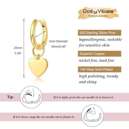 DAILY VIBES Cute Butterfly Star Cross Heart CZ Dangle Earrings for Women | 925 Sterling Silver Post, 14K Gold or Silver Plated, Mini Cubic Zirconia Dainty Drop, Cartilage Small Huggie Hoop Earrings - color: Gold Mini Heart