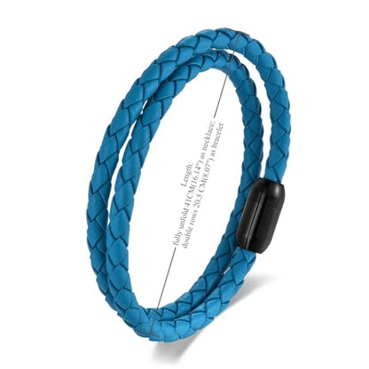 Braided Leather Bracelet，Double Wrap Bracelet with Black Stainless Steel Clasp, Two- way of Wearing as Mens Bracelet or Womens Choker Necklace, Urban and Minimalist Style - color: Aqua Blue