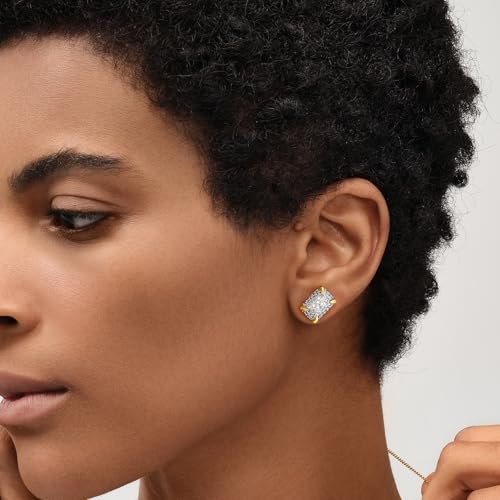 MEVECCO Pave Cubic Zirconia Stud Earrings for Women, 18K Gold Plated Brass | Pave CZ Fronts, Curved Gold Plated Edge Accents, Soft Motifs and Clean Geometric Styles - style: rectangle