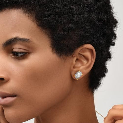 MEVECCO Pave Cubic Zirconia Stud Earrings for Women, 18K Gold Plated Brass | Pave CZ Fronts, Curved Gold Plated Edge Accents, Soft Motifs and Clean Geometric Styles - style: rectangle