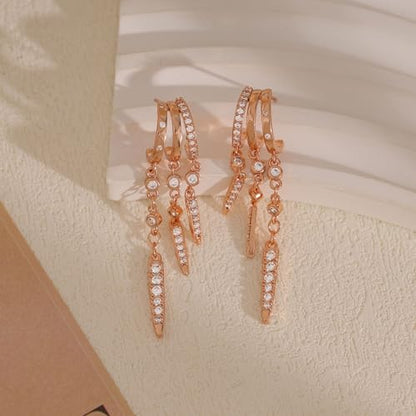 Dangle Earrings for Women,14k Gold Plated Triple Huggie Stud Earrings Cute Statement Chain Earring Dainty Drop Earrings for Women Trendy Gold Plated Jewelry - color: rose gold- dangle3