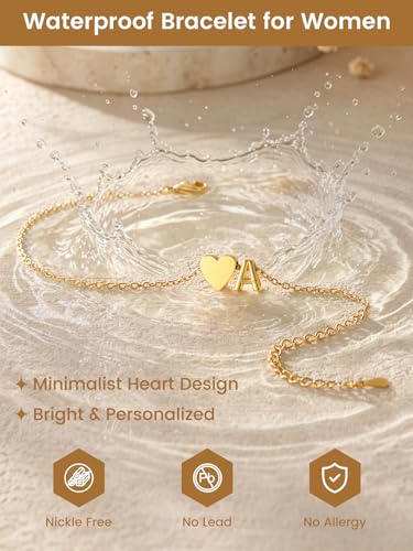 KeyStyle Initial Heart Bracelet for Women Waterproof Stainless Steel Chain | 14K Gold Plated /Silver A-Z Letter Adjustable Charm Bracelet, Hypoallergenic Non Tarnish Dainty Gift for Everyday Wear - color: 14K Gold Plated-A