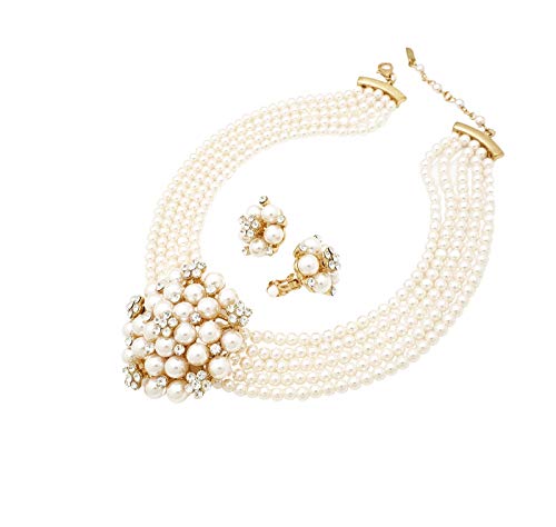 Fashion 21 5 Rows Rhinestone Accented Simulated Floral Pearl Cluster Necklace, Clip on Earring 2 Set - color: Cream