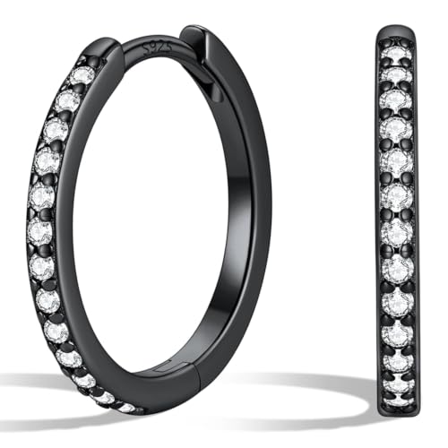 Silvora 925 Sterling Silver Huggie Hoop Earrings for Women, Small Hoop Earrings for Women, Cubic Zirconia Cartilage Earrings for Sensitive Ears, 6/8/10/12/14/16/18/20mm - color: A.Black Plated, size: 14MM
