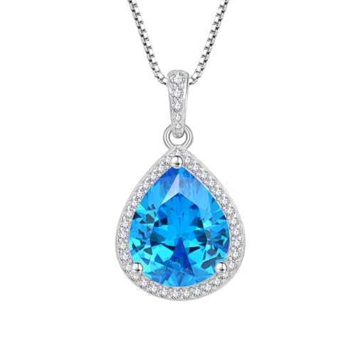 FJ Teardrop Pendant Necklace 925 Sterling Silver Birthstone Jewelry for Women - color: 03 March-Aquamarine