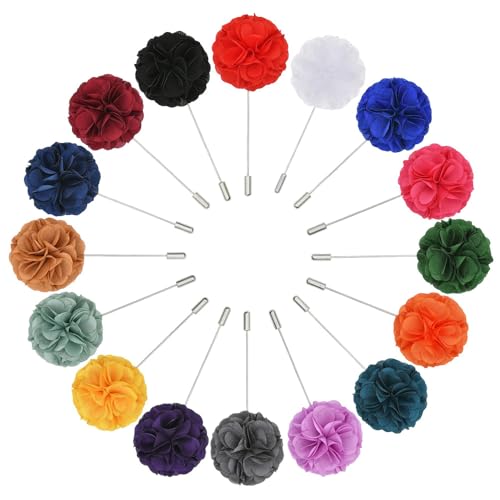 Fabric Flower Men's Stick Lapel Pins Handmade Satin Formal Boutonniere Brooch Pin for Gentleman Suit Shirt Wedding Groom Tuxedo Corsage 16 Pcs Colors Set