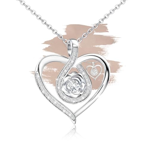 Sterling Silver Pendant Necklace Charms Hypoallergenic Fashion Jewelry Dainty Valentines Day Birthday Gift for Women - style: Heart with Rose Flower
