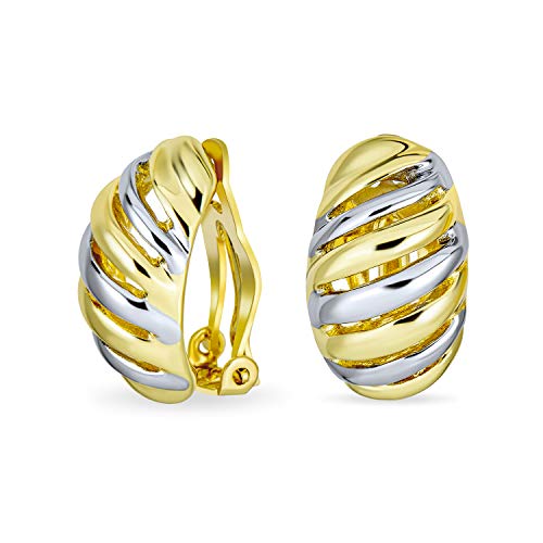 Shrimp Style Stripe Twist 2 Tone Dome Clip On Earrings Gold Plated Rhodium - color: Multi-color