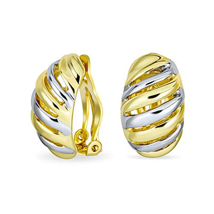 Shrimp Style Stripe Twist 2 Tone Dome Clip On Earrings Gold Plated Rhodium - color: Multi-color