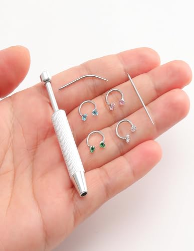 Horseshoe Nose Ring for Women Surgical Steel 18G Double Gem Nose Ring Hoop Cartilage Helix Daith Tragus Half Hoop Earrings Septum Labret Lip Eyebrow Piercing Jewelry Silver Plated - color: A: Silver 6Pcs(blue)