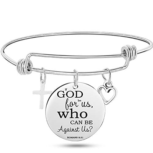 Jude Jewelers Stainless Steel Adjustable Size Christian Cross Holy Bible Verses Mantra Bangle Bracelet - style: Romans 8:31