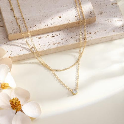 Layered Gold Necklace Set for Women Dainty Waterproof Cute Choker | 14K Gold Plated Minimalist Non Tarnish Lightweight CZ Pendant Pearl Twist Paperclip Chain Jewelry Gifts - style: 2PCS-Twisted rope zircon-GD