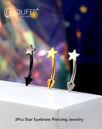 OUFER Rook Piercing Jewelry, G23 Solid Titanium Eyebrow Rings, Heart Vertical Labret Lip Jewelry, 16G Curved Barbells, Daith Rook Earrings for Women Men - color: Gold Black Silver Star, size: 16G 8mm