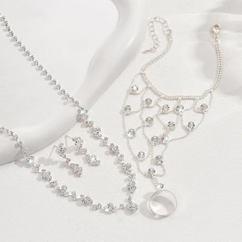 Wedding Jewelry Sets for Brides Rhinestone Necklace and Earring Set Bracelet Ring Gold Silver Prom Jewelry Sets Diamond Flower Teardrop Necklace for Women - color: Style1-Silver-3pcs