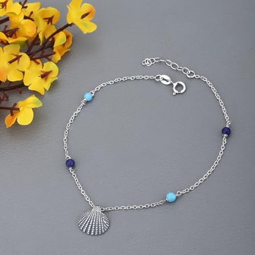 Vanbelle Sterling Silver Jewelry - Rhodium Plated 925 Stamp - Sea Shell Charm and Beads Anklet - Elegant Stylish Beautifully Designed for Women - 9" Long + 1" Extender