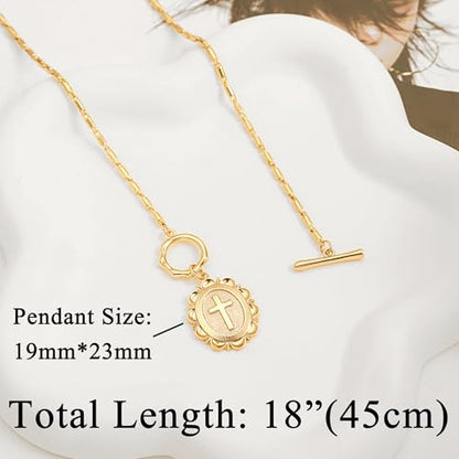 SOFYBJA Saint Benedict Necklace Drop 18K Gold Toggle Medallion Coin Cross Pendant Necklaces Religious Jewelry Catholic Gift for Women