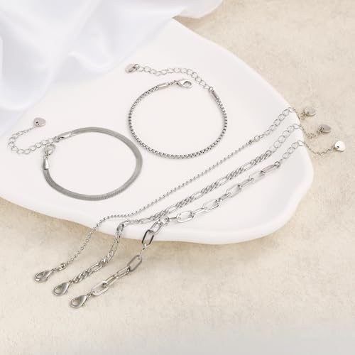 Gold Bracelets Set for Women, Dainty Stackable Layered Bracelet | 14K Gold Plated Adjustable Waterproof Non-Tarnish Paperclip & Curb Link Chain Jewelry Sets Gifts - color: White Gold