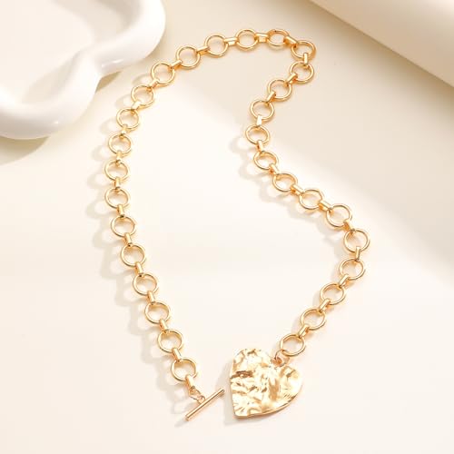 Sora Tuki Gold Chunky Necklace for Women Trendy Big Silver Statement Necklace Large Heart Hollow Square Necklaces Bold Thick Chain OT Toggle Necklaces Boho Chunky Jewelry - color: Style 1 - Gold-Heart