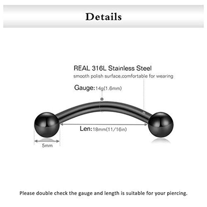 FECTAS 14g Stainless steel Nipple Rings Curved Barbell Piercing Jewelry Petite Belly Button Rings Curved Barbells for Women Men - style: black-16pcs-1