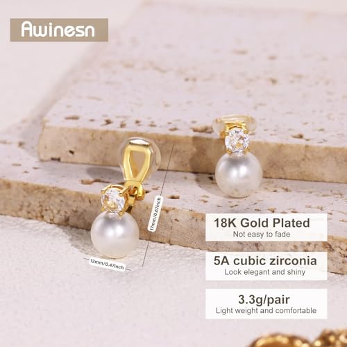 Awinesn Pearl Clip on Earrings for Women 14K Gold Silver Plated Pearl Earrings Cubic Zirconia Non Pierced Earrings for Women Jewelry Gifts Wedding Party - color: CZ-gold-12mm
