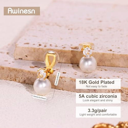 Awinesn Pearl Clip on Earrings for Women 14K Gold Silver Plated Pearl Earrings Cubic Zirconia Non Pierced Earrings for Women Jewelry Gifts Wedding Party - color: CZ-gold-12mm