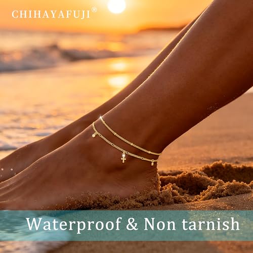 Sterling Silver Ankle Bracelets for Women 14K Gold Waterproof Layered Stackable Bead Chain Cross Charm Non Tarnish Large Adjustable Anklet for Summer Beach Jewelry Gift - color: gold2