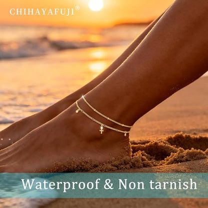 Sterling Silver Ankle Bracelets for Women 14K Gold Waterproof Layered Stackable Bead Chain Cross Charm Non Tarnish Large Adjustable Anklet for Summer Beach Jewelry Gift - color: gold2