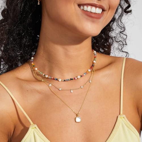 KissYan Beaded Choker Necklace for Women, Colorful Natural Gemstones Pearl Choker 14K Gold Plated Pendant Healing Crystal Necklace Handmade Stone Jewelry Gift | 14K Gold Plated Pendant Necklaces, Natural Gemstones Pearl Choker, Healing Crystal Chain, Hand