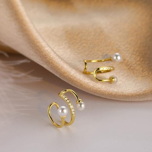 S925 Sterling Silver Pearl Ear Cuff Earrings for Women Mom Dainty 14K Gold Plated Pearl Wrap Earring Ear Cuff Non Piercing Clip-On Cartilage Earring Mothers Day Birthday Wedding Jewelry Gifts - color: Gold