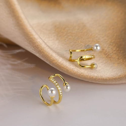 S925 Sterling Silver Pearl Ear Cuff Earrings for Women Mom Dainty 14K Gold Plated Pearl Wrap Earring Ear Cuff Non Piercing Clip-On Cartilage Earring Mothers Day Birthday Wedding Jewelry Gifts - color: Gold