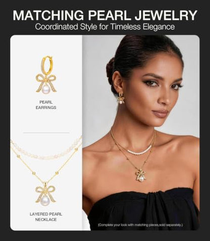 Pearl Drop Huggie Hoop Earrings for Women, Gold & Silver Hypoallergenic Bow | 14K Gold Plated, 925 Sterling Silver Posts, Hypoallergenic, Ideal Gifts for Wedding Anniversary Birthday Mother's Day - color: Gold