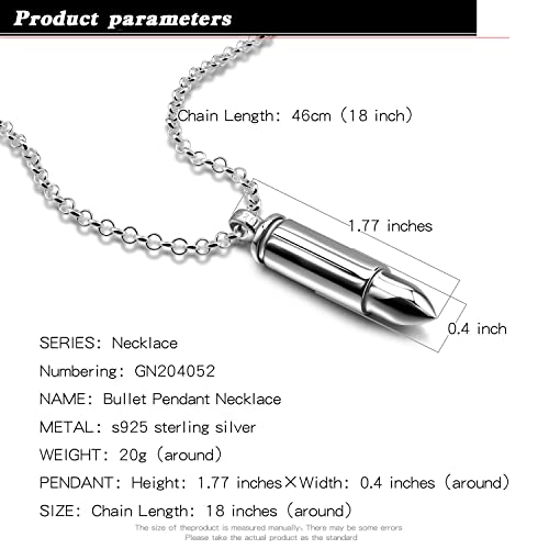 H&Beautimer Genuise 925 Sterling Silver Italian Handmade Rolo Chain Bullet Pendant Necklace for Men's 18/20/22/24/26/28/30 Inch Body Jewelry - size: 18 inch