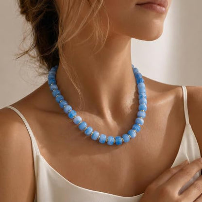 Chunky Beaded Necklace for Women, Colorful Boho Statement Necklace, Gold Chunky Resin Large Bead Necklace, Waterproof Summer Beach Jewelry Gifts for Women - color: Lake Blue