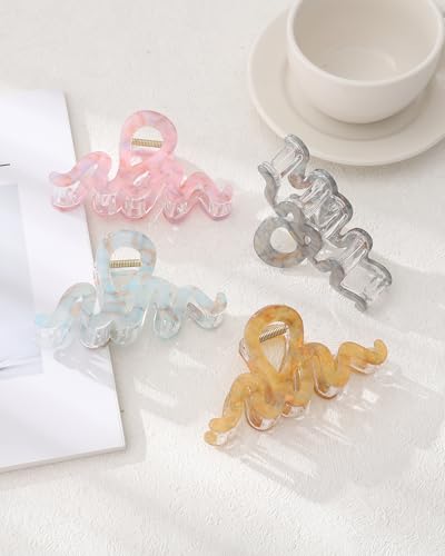 4Pcs Large Hair Claw Clips, Nonslip Cute Jelly Hair Clips for Thick Hair and Long Hair - color: Wave-Pink + Gray + Yellow + Cyan