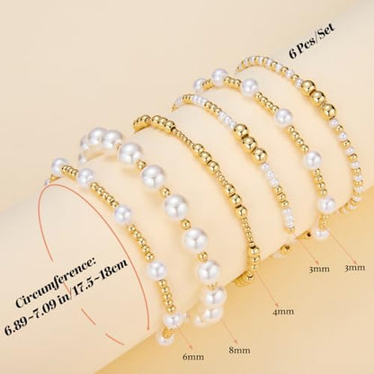 Ornaland Pearl Bracelets for Women Gold Beaded Bracelets Stackable Bracelets Set Stretch Summer Beach Jewelry for Women - style: Style A-6pcs