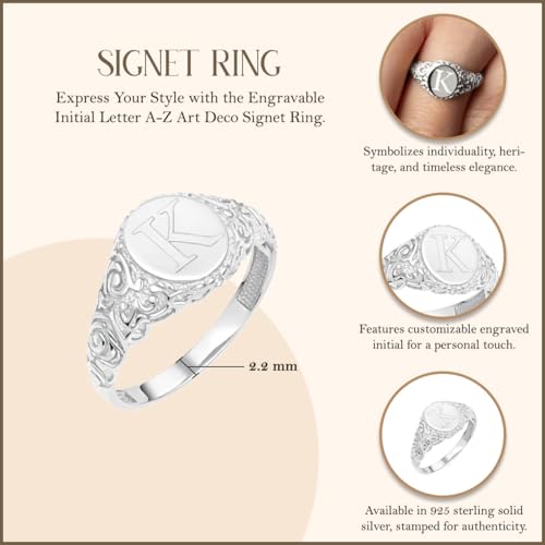 Claddagh Gold Personalized .925 Sterling Silver 2.2mm Engravable Initial Letter A-Z Art Deco Signet Ring for Women | Available in Sizes 4-12