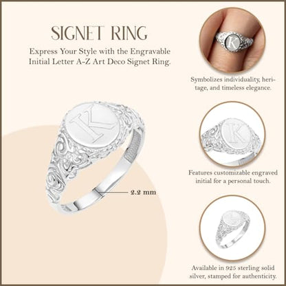 Claddagh Gold Personalized .925 Sterling Silver 2.2mm Engravable Initial Letter A-Z Art Deco Signet Ring for Women | Available in Sizes 4-12