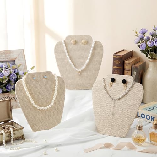 Wenqik 24 Pcs Foldable Necklace Display Stand Bulk for Vendor 7.38x8.25in Beige Linen Jewelry Bust Holder with Earring Holes - color: Light Color