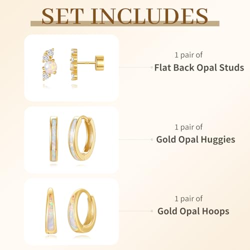 Opal Earrings Set for Women, Birthday Gift for Her, Sterling Silver | 14K Gold Plated, Hypoallergenic S925 Opal Hoop Stud Earrings for Women with Sensitive Ears, Dainty earring Stacks—Trendy Opals Jewelry 2026 - color: Gold Flat Back Studs