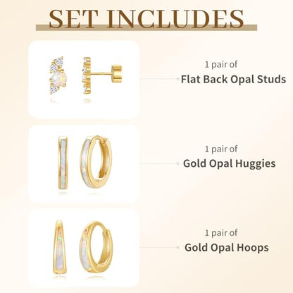 Opal Earrings Set for Women, Birthday Gift for Her, Sterling Silver | 14K Gold Plated, Hypoallergenic S925 Opal Hoop Stud Earrings for Women with Sensitive Ears, Dainty earring Stacks—Trendy Opals Jewelry 2026 - color: Gold Flat Back Studs