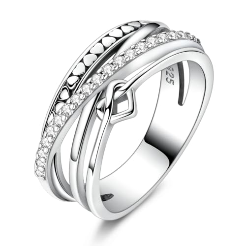 MULA S925 Sterling Silver Ring Multi-layered Interlaced Heart-shaped Band | Eternity Ring for Women with CZ Cubic Zirconia Wide Finger Rings Costume Jewelry